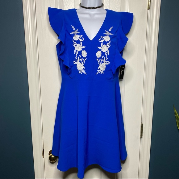 Lulus New Adventure Royal Blue Embroidered Skater Dress - Picture 1 of 10